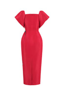Red Flare Orchid midi dress by Tiny Ink featuring a stylish silhouette and floral pattern, perfect for elegant occasions.