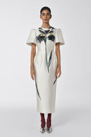 White Tiny Ink The Inner Flame Iris midi dress with a flowy silhouette and elegant design, perfect for casual or semi-formal occasions.
