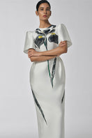 White Tiny Ink The Inner Flame Iris Midi Dress with a fitted bodice and flowing skirt, perfect for elegant occasions.