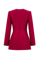 Red Tiny Ink Iris Waltz jacket and mermaid skirt co-ords set displayed on a hanger, showcasing stylish matching fashion pieces.