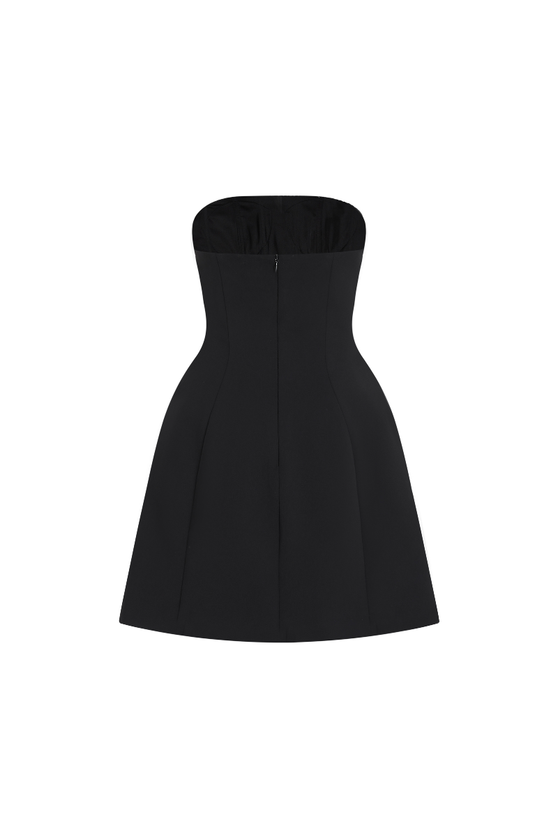 Elegant black monochrome mini dress by Margée Atelier featuring a fitted silhouette and stylish design.