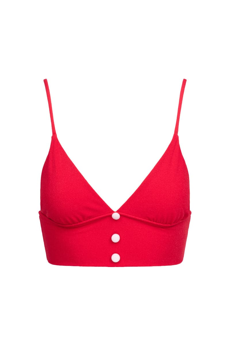Talia Collins red terry bralette and pocket skirt co-ord set, front view showing the casual, stylish matching top and skirt ensemble.