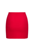 Talia Collins red terry bralette and pocket skirt co-ords set shown from the back view, featuring a casual, comfortable matching outfit.