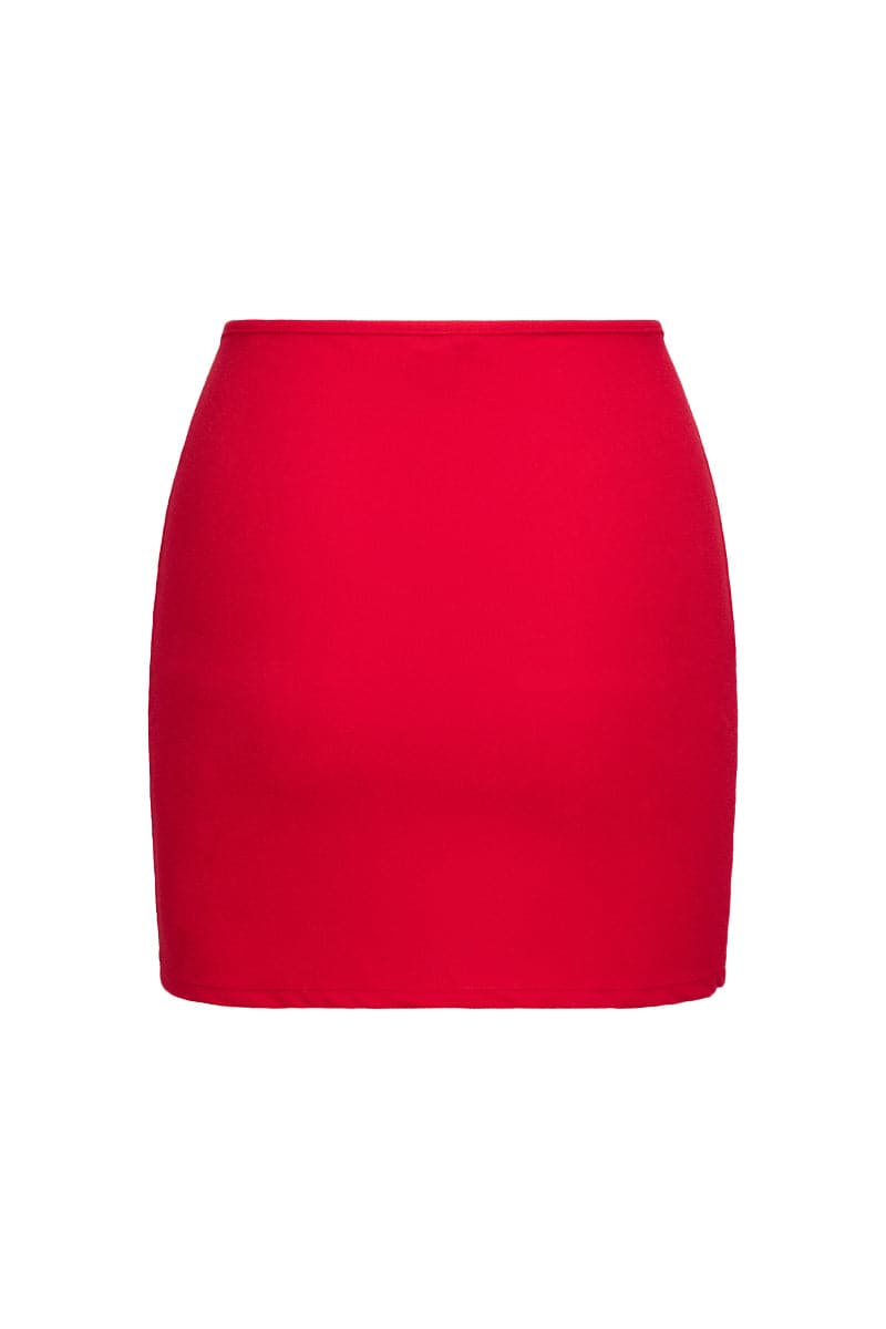 Talia Collins red terry bralette and pocket skirt co-ords set shown from the back view, featuring a casual, comfortable matching outfit.