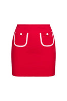 Talia Collins red terry bralette and pocket skirt co-ord set displayed from the front, showing the matching top and skirt design.