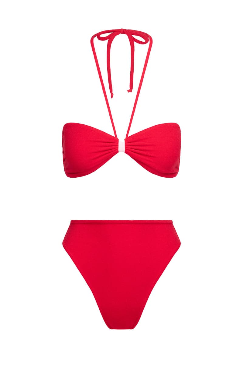 THE RED TERRY STRAPLESS TOP AND BRIEF BIKINI - CULT MIA