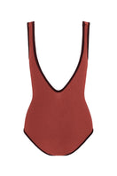 Reversible terry cloth swimsuit by Talia Collins, featuring a classic design, shown from the back in rosewood color.