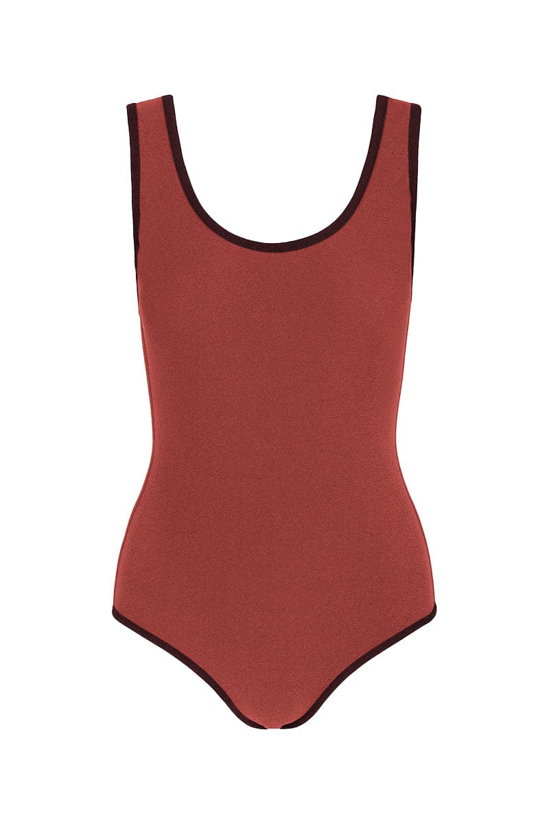 Talia Collins The Coco Terry Classic reversible swimsuit featuring a rosewood terry fabric front view.