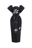 Black Tiny Ink Twist Orchid Midi Dress displayed on a mannequin with a fitted waist and elegant neckline.