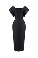 Black Tiny Ink Twist Orchid Midi Dress, stylish midi dress with a twist detail and elegant silhouette, displayed on a hanger.