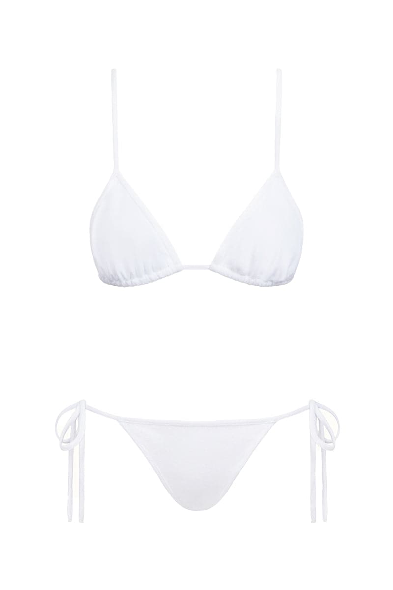 THE WHITE TERRY TRIANGLE TOP AND BRIEF BIKINI CULT MIA Talia Collins