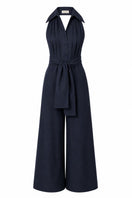 Navy blue ANA + MARIA wrapped jumpsuit on ghost mannequin, featuring a fitted waist and wide-leg pants, stylish and elegant.