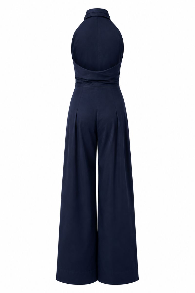 Navy blue wrapped jumpsuit by ANA + MARIA displayed on a ghost mannequin, showcasing its stylish design and elegant fit.