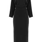 Undress Thea black off-shoulder jersey midi dress displayed on a hanger, showcasing its sleek, fitted silhouette and elegant neckline.