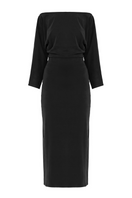 Undress Thea black off-shoulder jersey midi dress displayed on a hanger, showcasing its sleek, fitted silhouette and elegant neckline.
