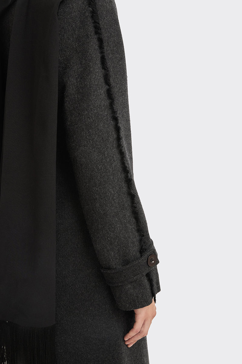 Black Thread Coat by Stolen Stores, stylish outerwear with a sleek design, shown on a model in a fashion photoshoot.