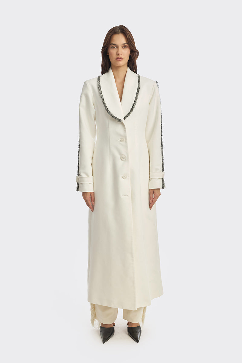 Off-white thread coat by Stolen Stores, stylish long coat with visible stitching details and a tailored fit.