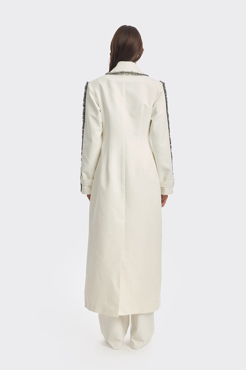 Off-white Thread coat by Stolen Stores, stylish outerwear with a tailored fit and clean design, shown in a front view.