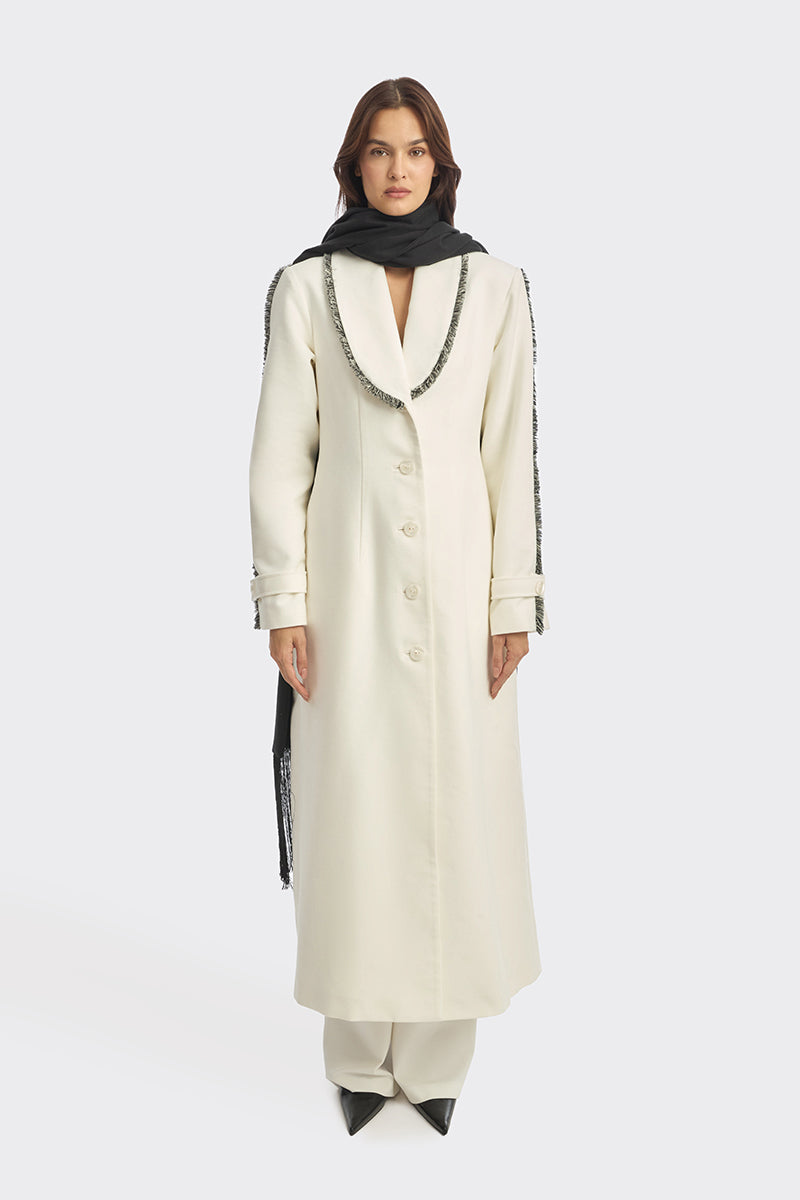 Off-white Thread Coat by Stolen Stores, stylish outerwear with a modern design and tailored fit, shown on a hanger.
