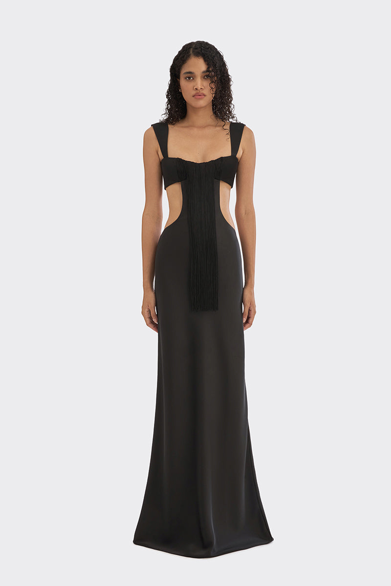 THREAD CUT-OUT MAXI SLIP DRESS IN BLACK | CULT MIA