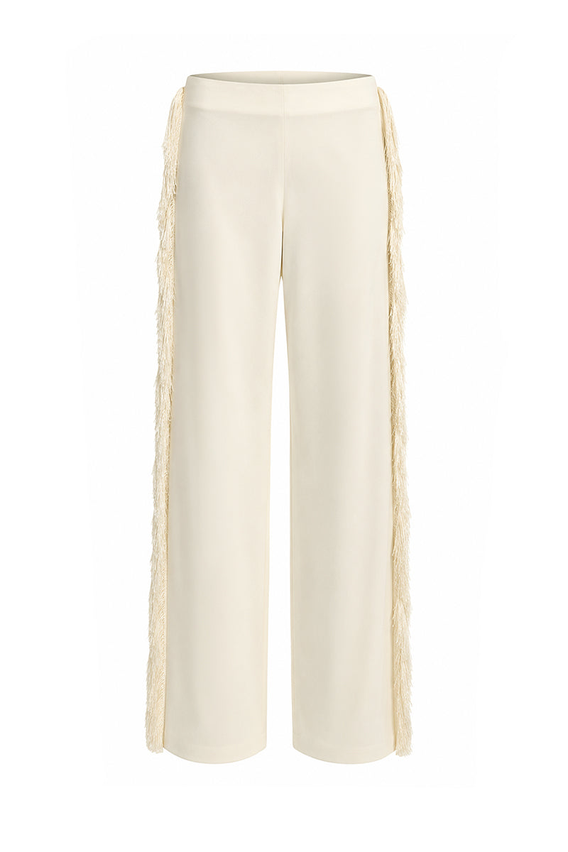Ivory white thread fringe maxi pants from Stolen Stores, featuring flowing fabric and detailed fringe design.