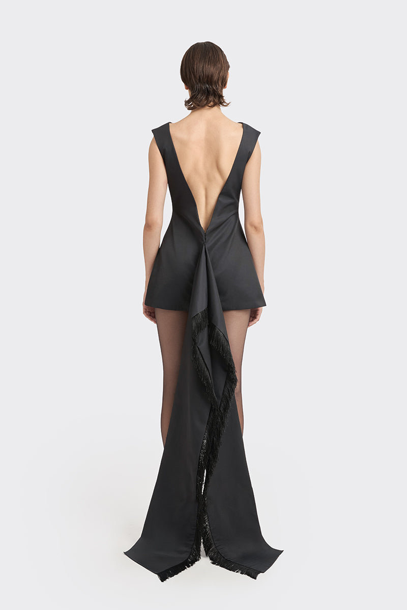 Black thread fringe mini dress by Stolen Stores, featuring intricate fringe details and a stylish, fitted silhouette.