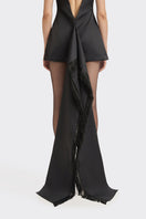 Black Stolen Stores mini dress with stylish thread fringe detail, shown on a model. Perfect for trendy evening wear.