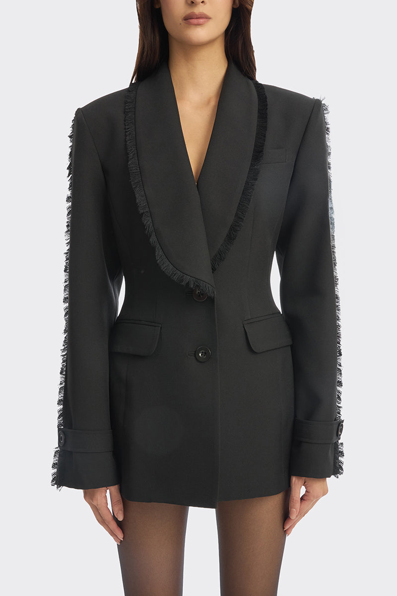 Black Thread Suit blazer from Stolen Stores, shown on model, featuring tailored fit and classic lapel details.