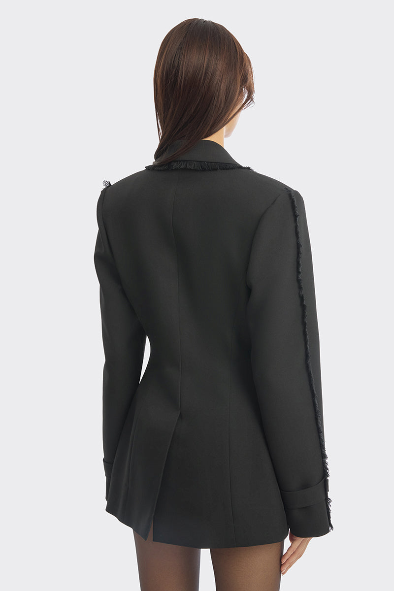 Black Thread Suit blazer by Stolen Stores, tailored fit with sleek design, shown on a hanger.