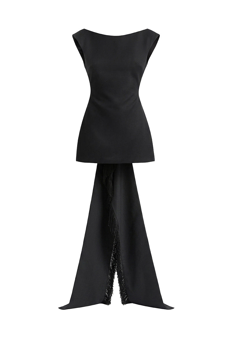 Black thread fringe mini dress by Stolen Stores, featuring intricate fringe details and a stylish, fitted silhouette.