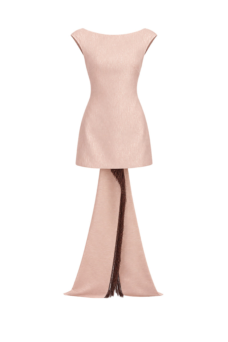 Dusty rose Stolen Stores thread fringe mini dress featuring a stylish fringe detail and a fitted silhouette.