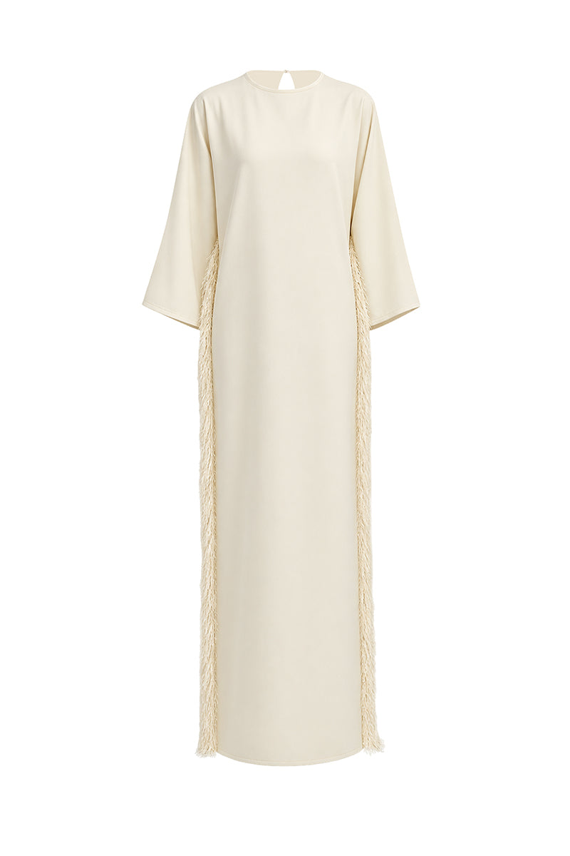 Ivory white maxi dress with long sleeves by Stolen Stores, featuring a flowing, elegant design perfect for formal or casual wear.