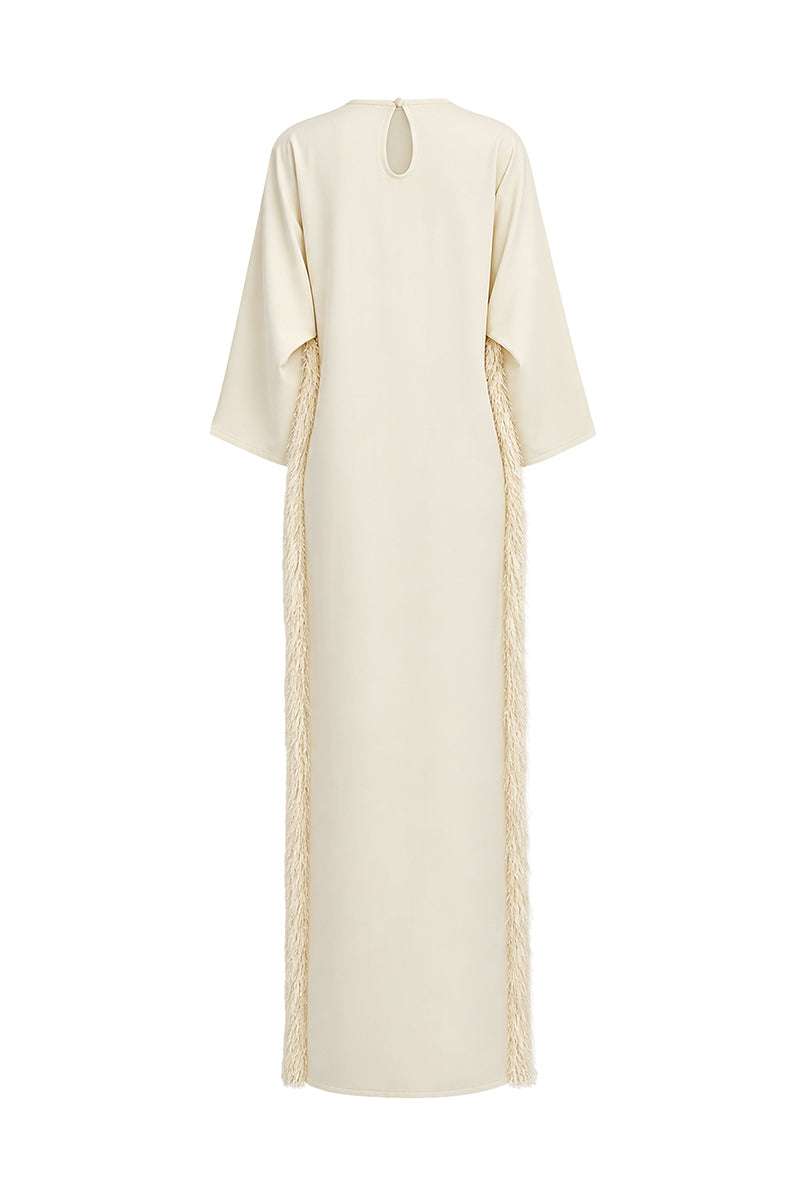 Ivory white long-sleeve maxi dress by Stolen Stores, flowing fabric and elegant design perfect for stylish occasions.