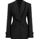 Black Stolen Stores Thread Suit blazer, tailored fit with notch lapel, displayed on a hanger.