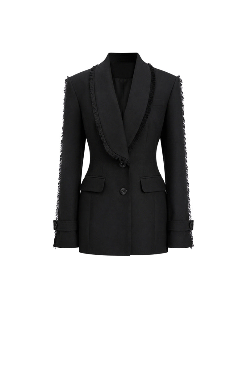 Black Stolen Stores Thread Suit blazer, tailored fit with notch lapel, displayed on a hanger.