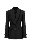 Black Stolen Stores Thread Suit blazer, tailored fit with notch lapel, displayed on a hanger.