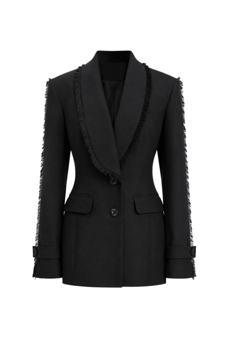 Black Stolen Stores Thread Suit blazer, tailored fit with notch lapel, displayed on a hanger.