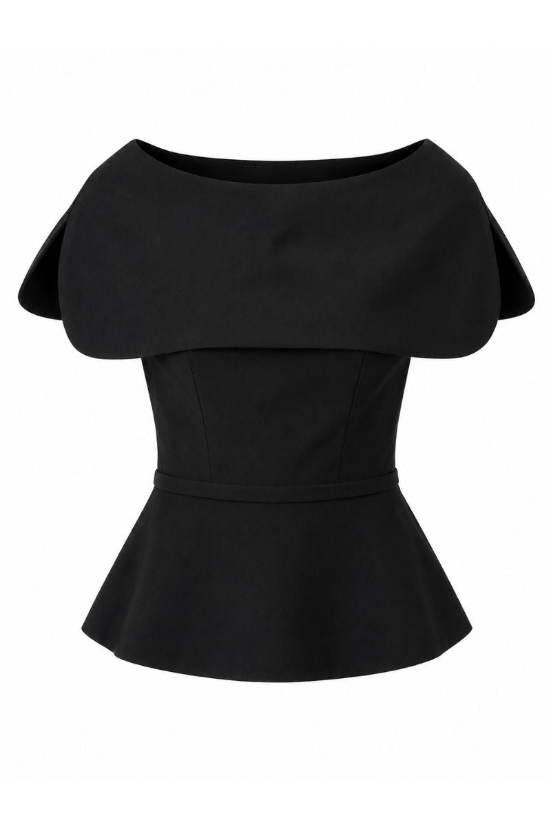 Black Tibet top by ANA + MARIA displayed on a ghost mannequin, showcasing the fitted design and smooth fabric.