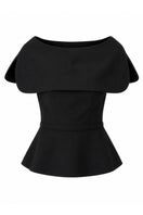 Black Tibet top by Ana + Maria displayed on a ghost mannequin, showcasing its stylish sleeveless design and smooth fabric.