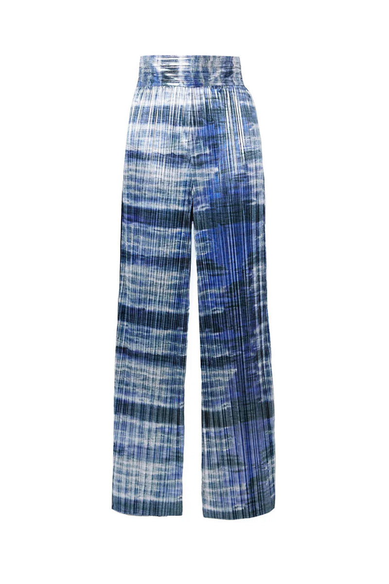 Tie-dyed plissé lamé wide-leg pants by SemSem shown flat front, featuring colorful tie-dye pattern and flowing, wide-leg design.