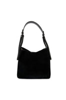Black suede TIERRANUEVA tote bag with top handle by ISIDORA MALVA, featuring a sleek, minimalist design and structured silhouette.