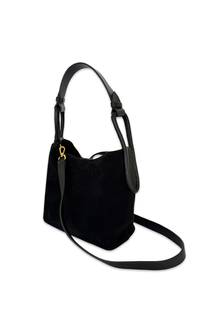 Black suede TIERRANUEVA tote bag with top handle from ISIDORA MALVA, featuring a sleek and stylish design.