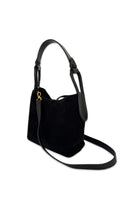Black suede TIERRANUEVA tote bag with top handle from ISIDORA MALVA, featuring a sleek and stylish design.