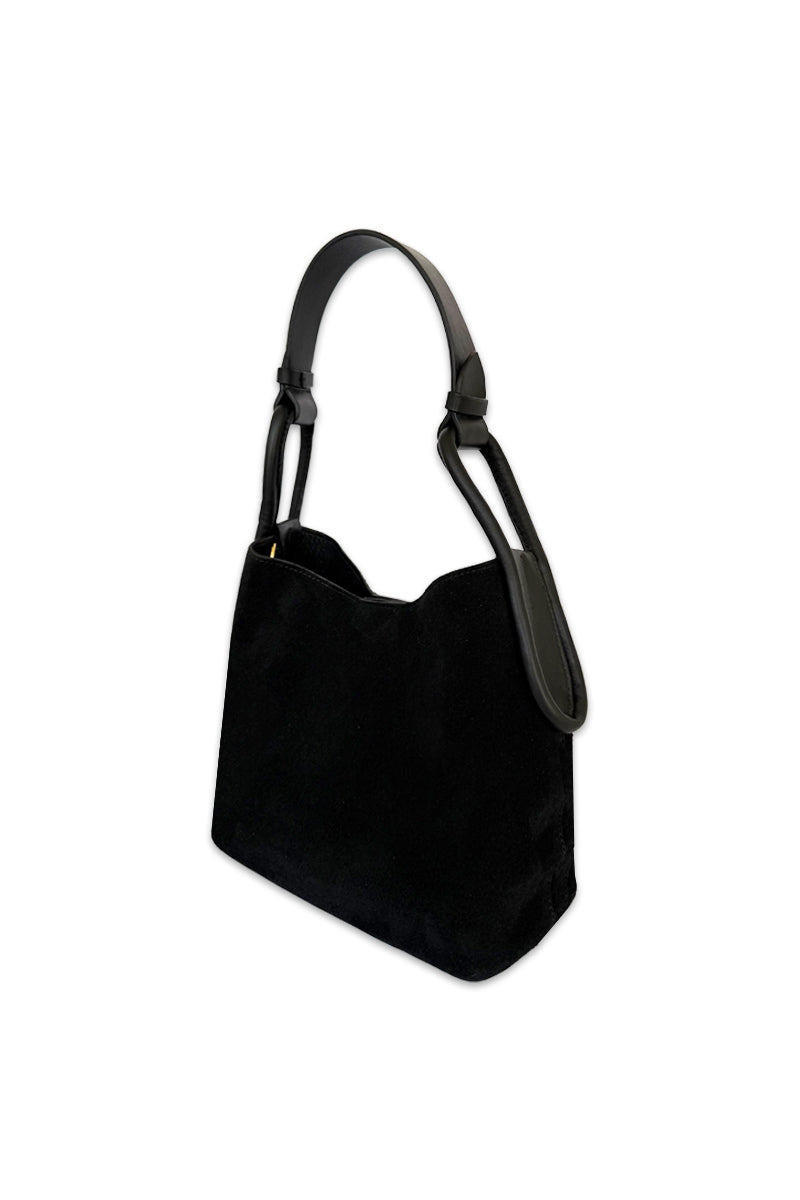 ISIDORA MALVA Tierranueva tote bag in black suede with top handle and sleek design, perfect for stylish everyday use.