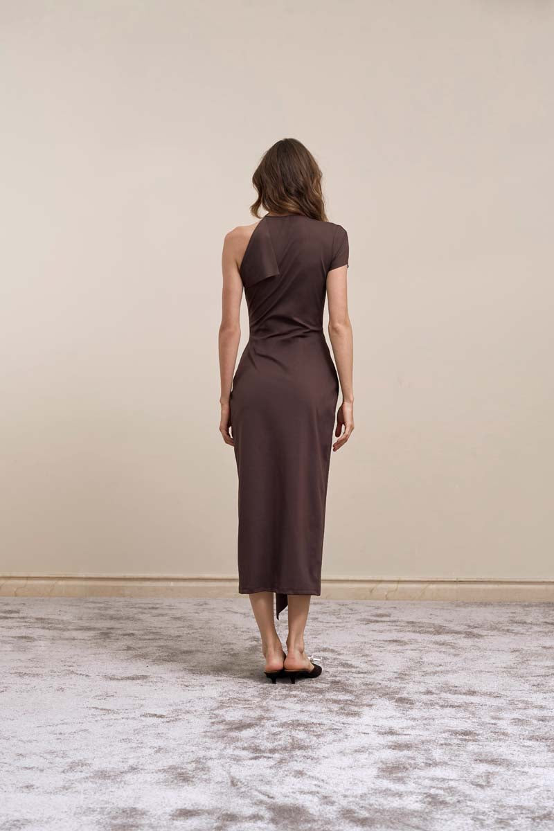 Back view of YASSMIN SALEH brown TILT midi dress, showcasing elegant design and fit.