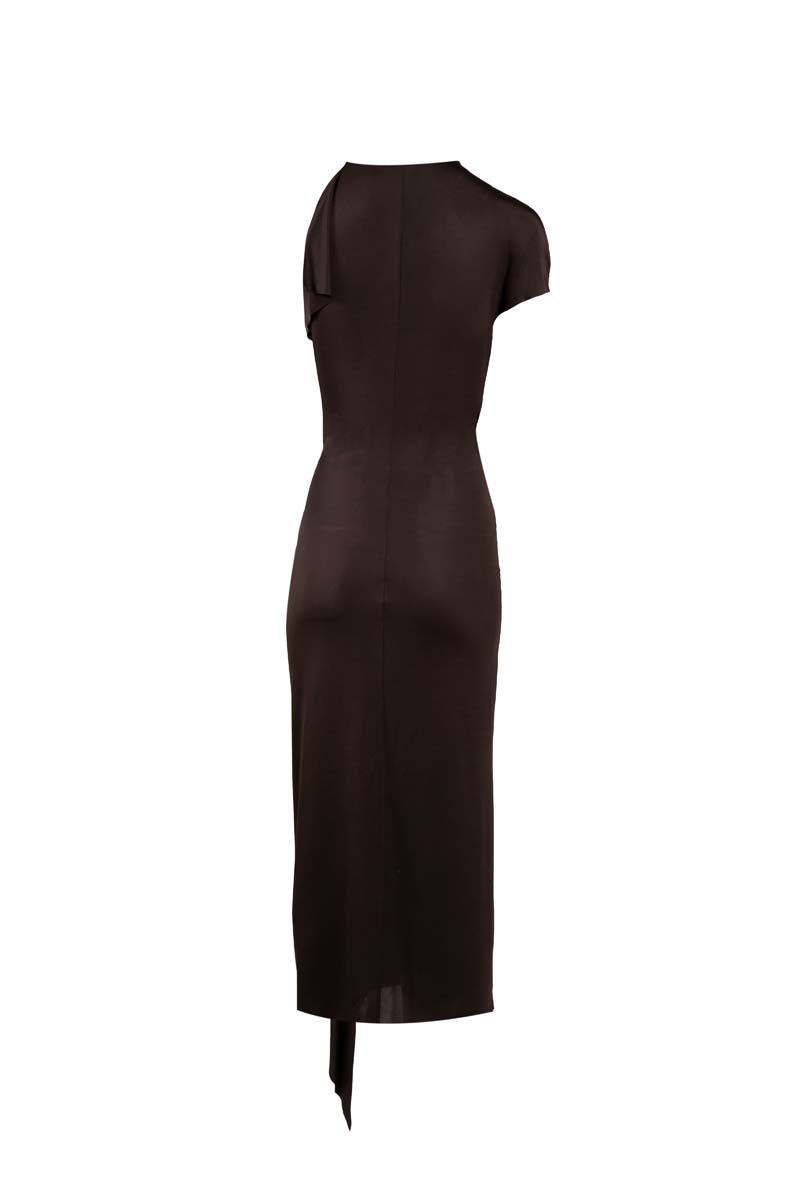 Brown YASSMIN SALEH TILT midi dress with ghost back design, stylish and elegant for versatile occasions.