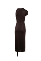 Brown YASSMIN SALEH TILT midi dress with ghost back design, displayed on a hanger. Elegant, stylish women's fashion piece.