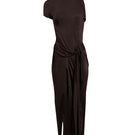 Brown YASSMIN SALEH TILT midi dress with ghostly front design, stylish and elegant for versatile occasions.