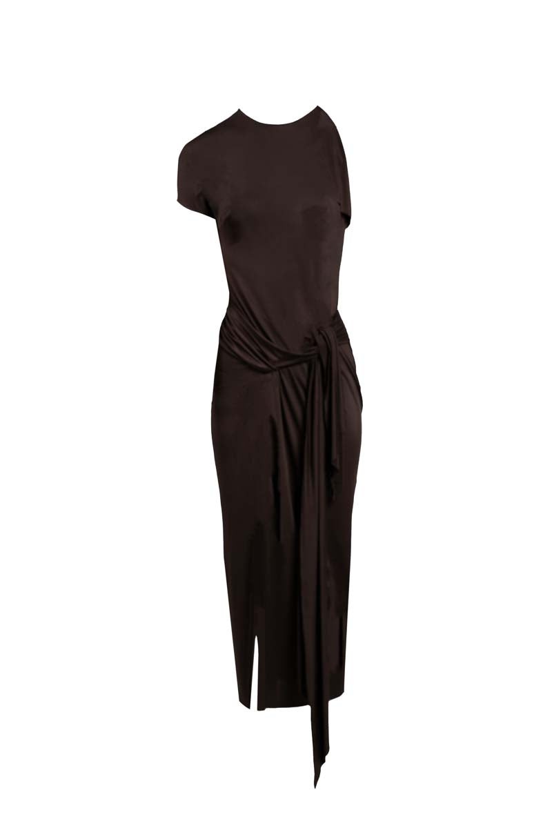 Brown YASSMIN SALEH TILT midi dress with ghost-front design, stylish and elegant for casual or semi-formal occasions.