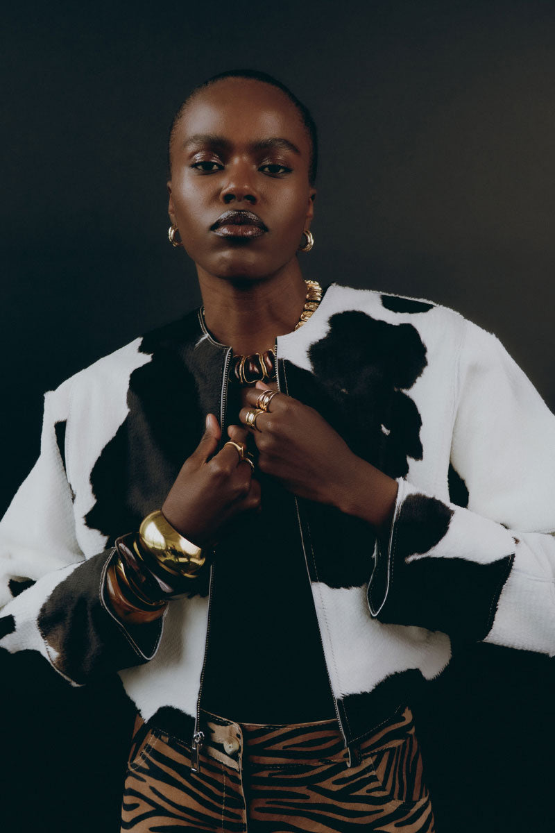 ZUT Tokyo jacket in black and white cowhide leather, stylish and textured with a classic jacket silhouette.